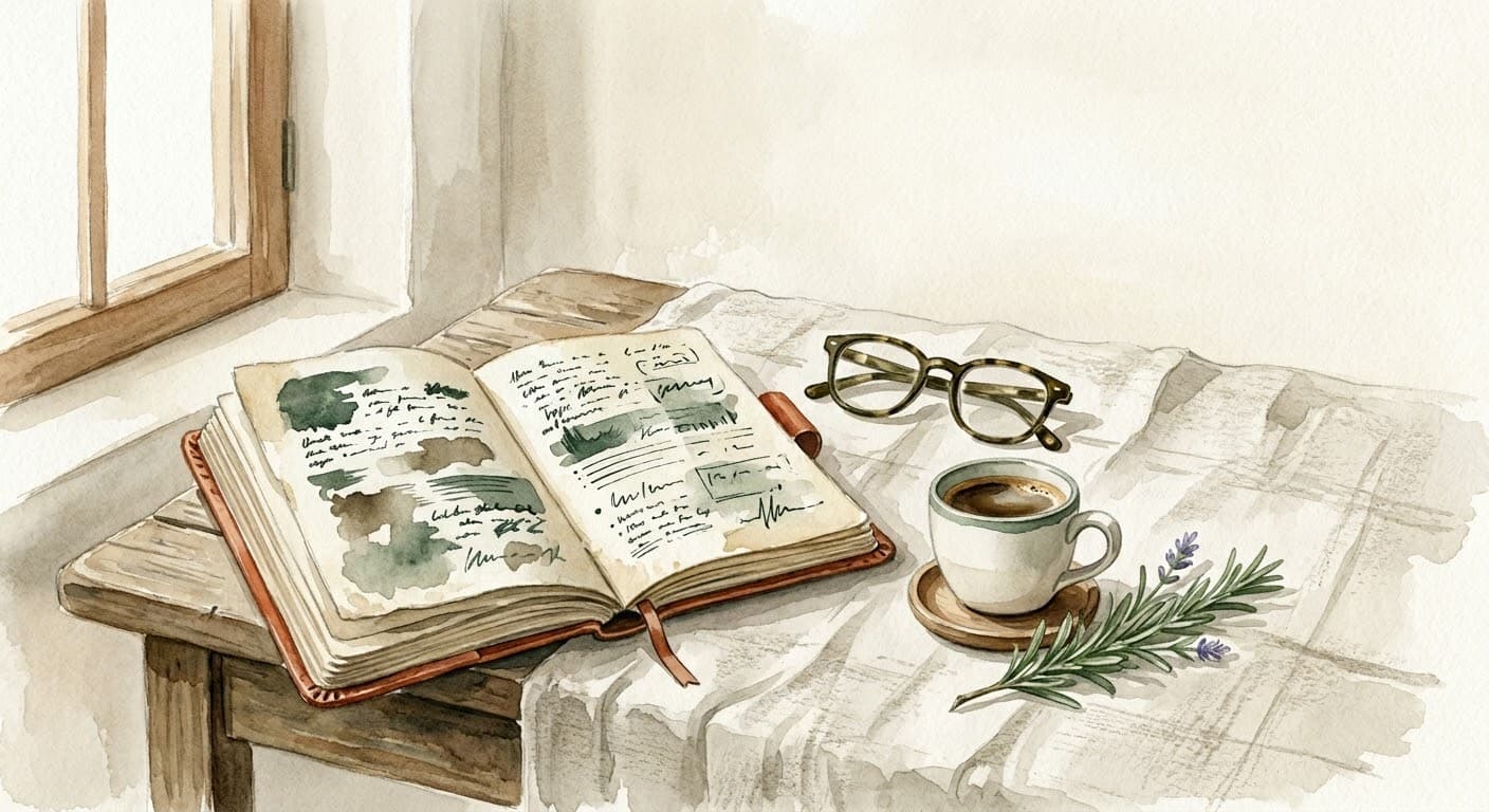 Quaderno di campo, occhiali e caffè