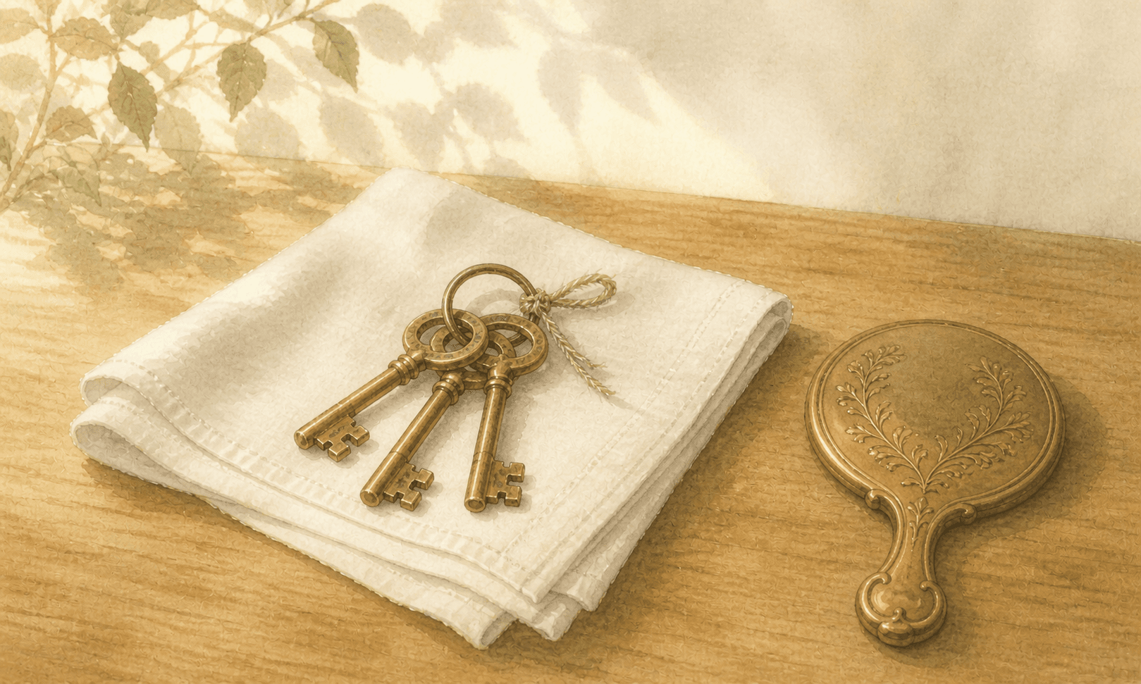 Stanza ordinata con letto rifatto, finestra aperta sul giardino e checklist appoggiata sul comodino, stile acquerello