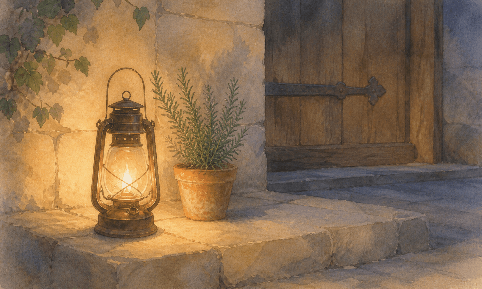 Scena serale con casa illuminata in lontananza, ombra di una persona con valigia che si avvicina, stile acquerello